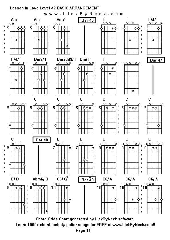 Chord Grids Chart of chord melody fingerstyle guitar song-Lesson In Love-Level 42-BASIC ARRANGEMENT,generated by LickByNeck software.